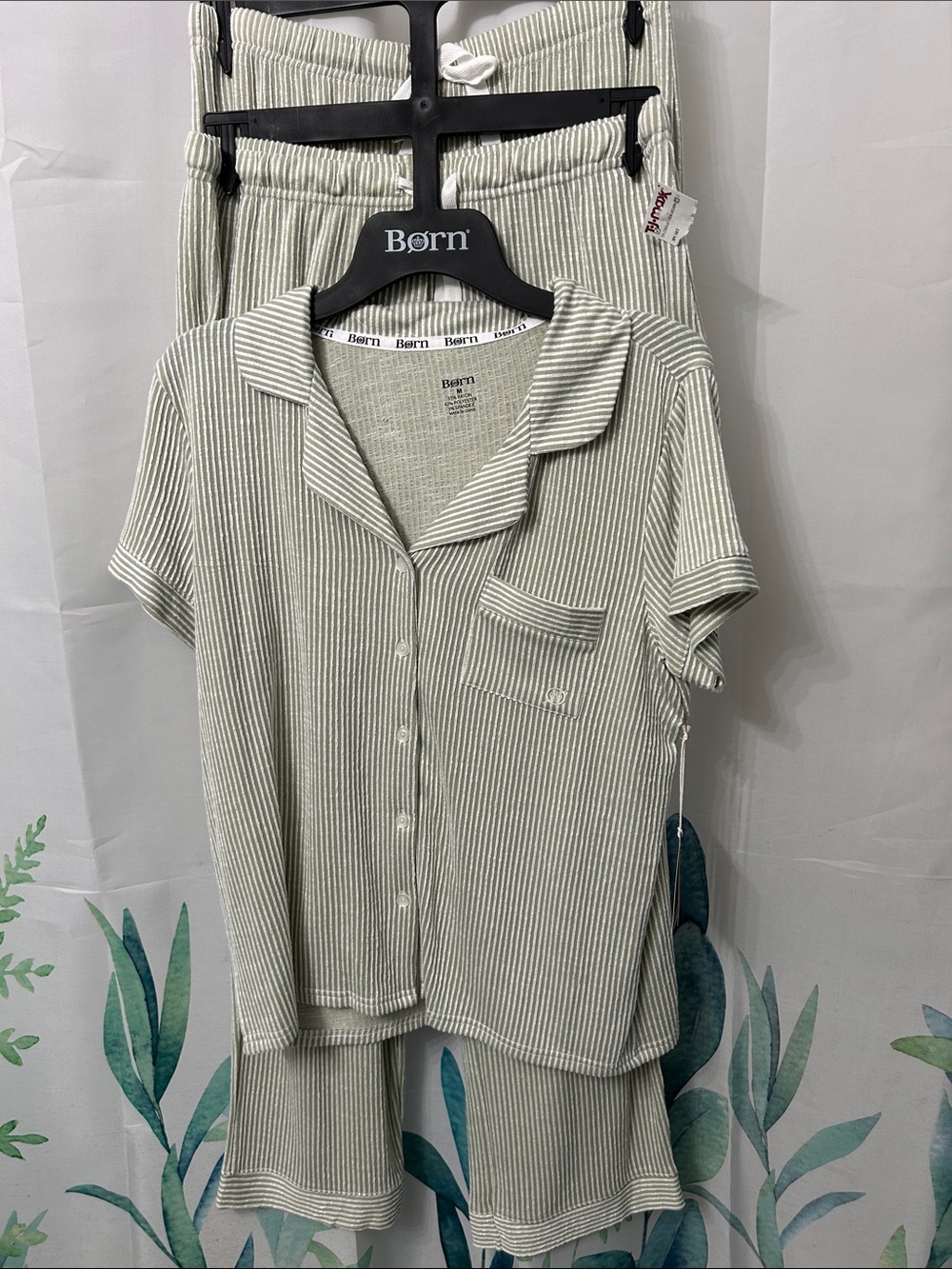 Born Light Green & White Striped Short Sleeve Pajama Set
